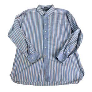 Tommy Hilfiger Shirt Mens 80s 2 Ply Log XL Button Striped Blue Red Long Sleeves